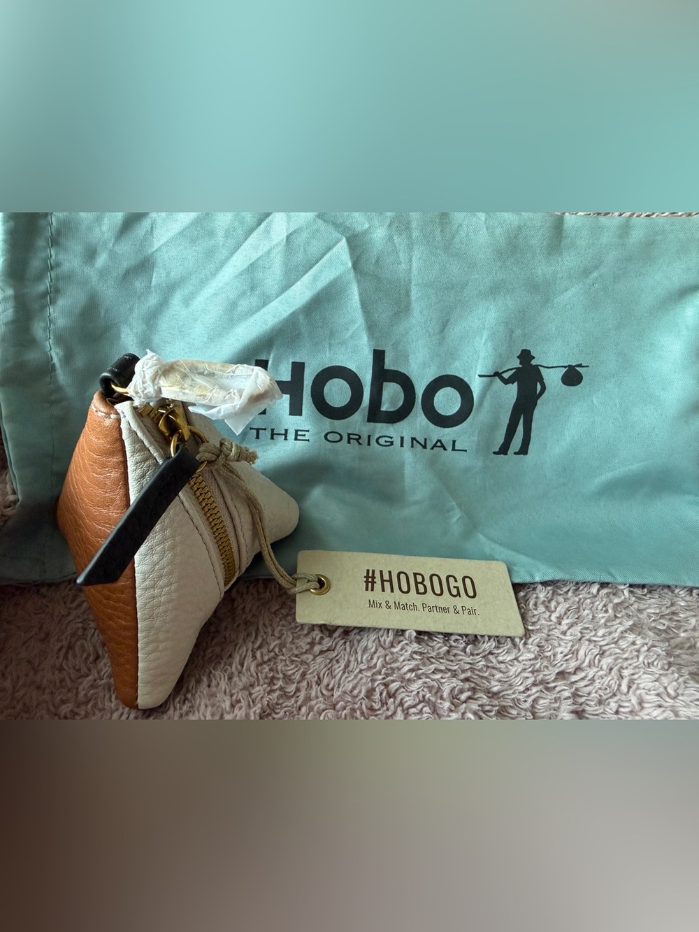 HOBO NWT Pyramid Small Leather Pouch in Aqua, Cream and Tan with Gold Hardware